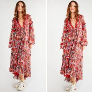 NWT FREE PEOPLE CASIS FLORAL BOHO MIDI DRESS CHIFFON FLOWER CHILD ROMANTIC MED